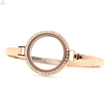 Venda quente 30mm Rose Gold Crystal Bangle, aço inoxidável 316l encantos flutuantes pulseiras de vidro medalhões vivos